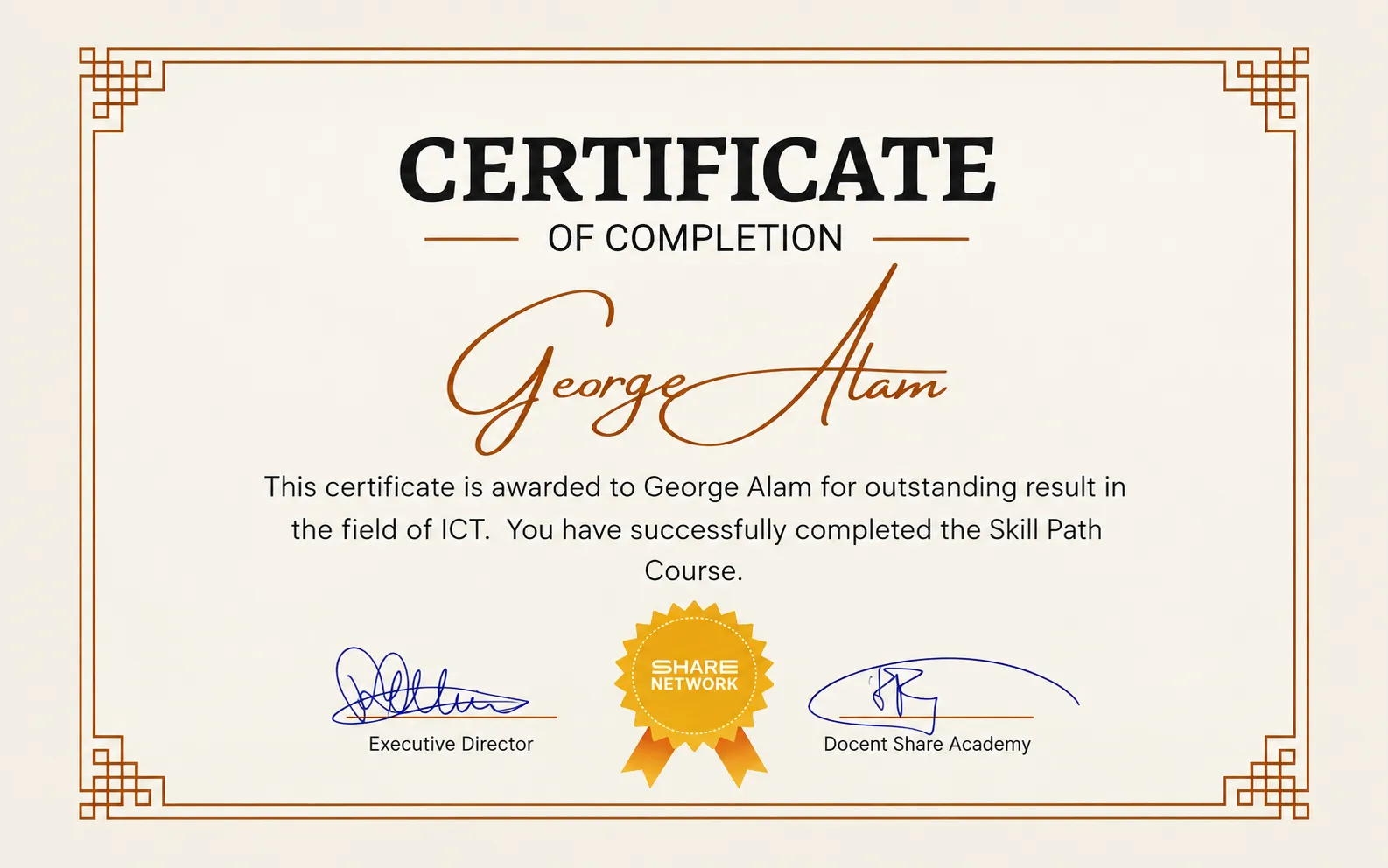 Share Network ICT Skill Path certificate
